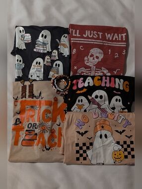 🎃 Teacher Halloween Tee Bundle (5) + Spooky Jewelry Stack | Size S/M